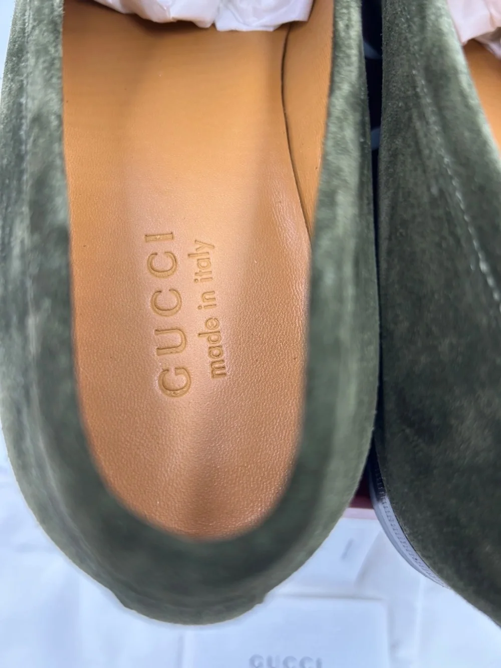 Men’s Gucci Jordy Guccissima Olive Green Suede Loafers. Size 8. Made in Italy.